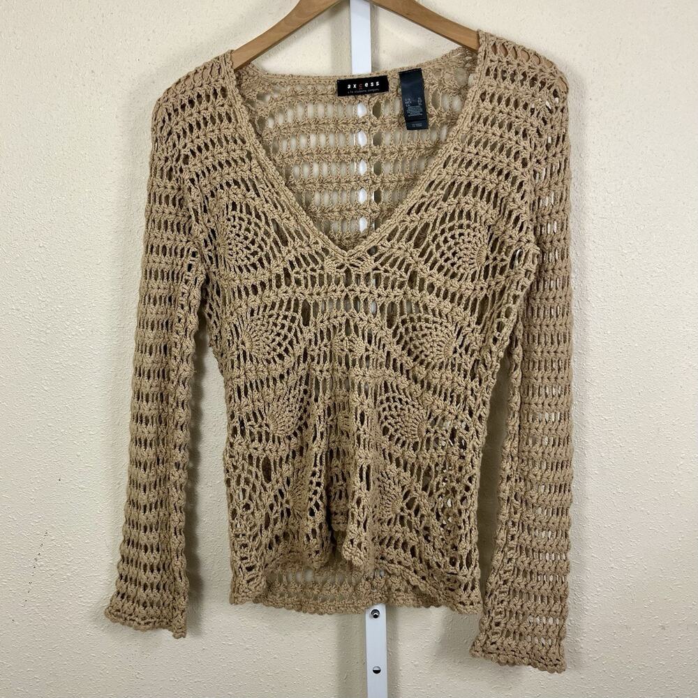 Vintage Y2K Axcess Crochet Sweater Womens XL Bell Sleeve Tan Boho Cottagecore